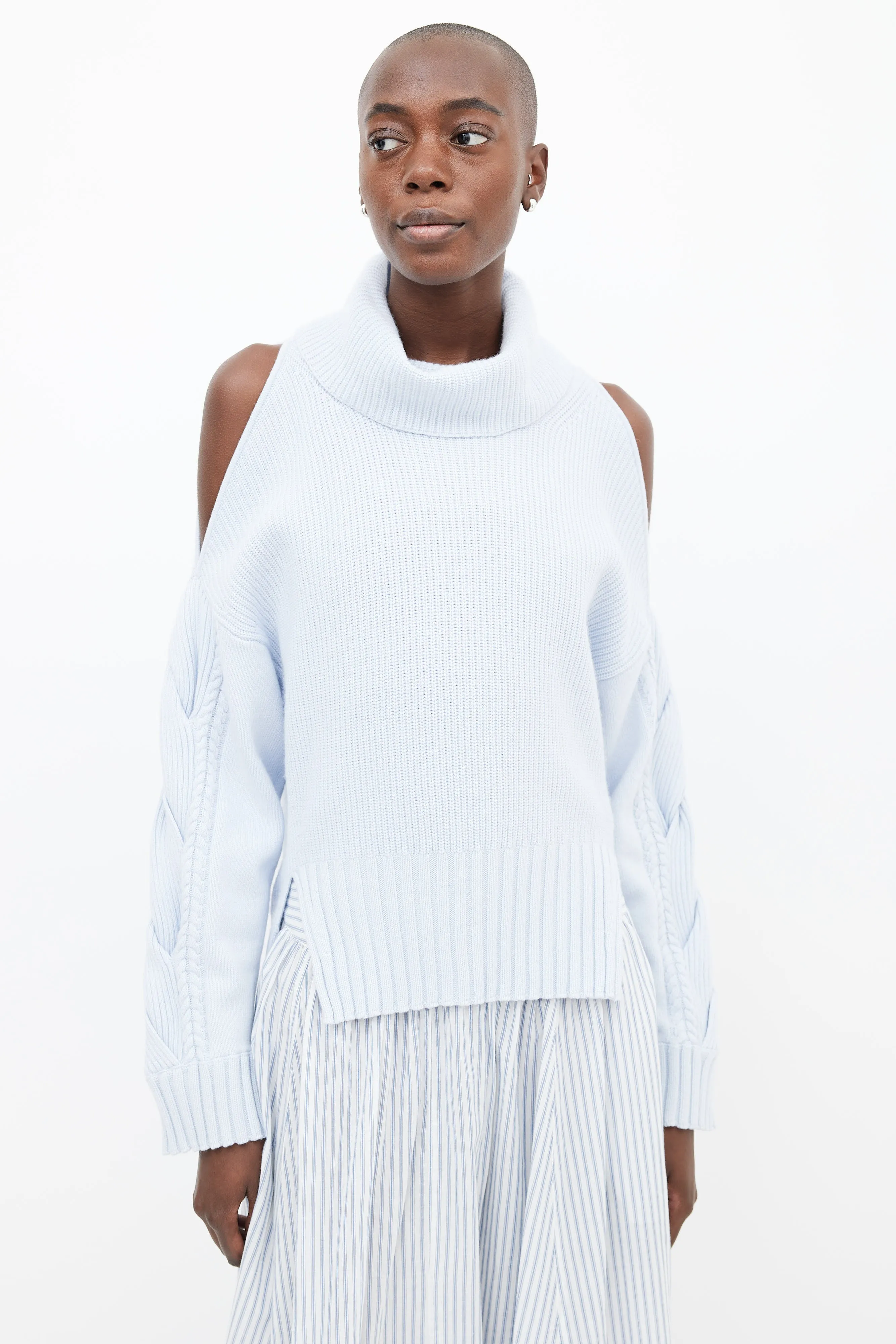 Blue Wool Knit Cut-Out Turtleneck Sweater