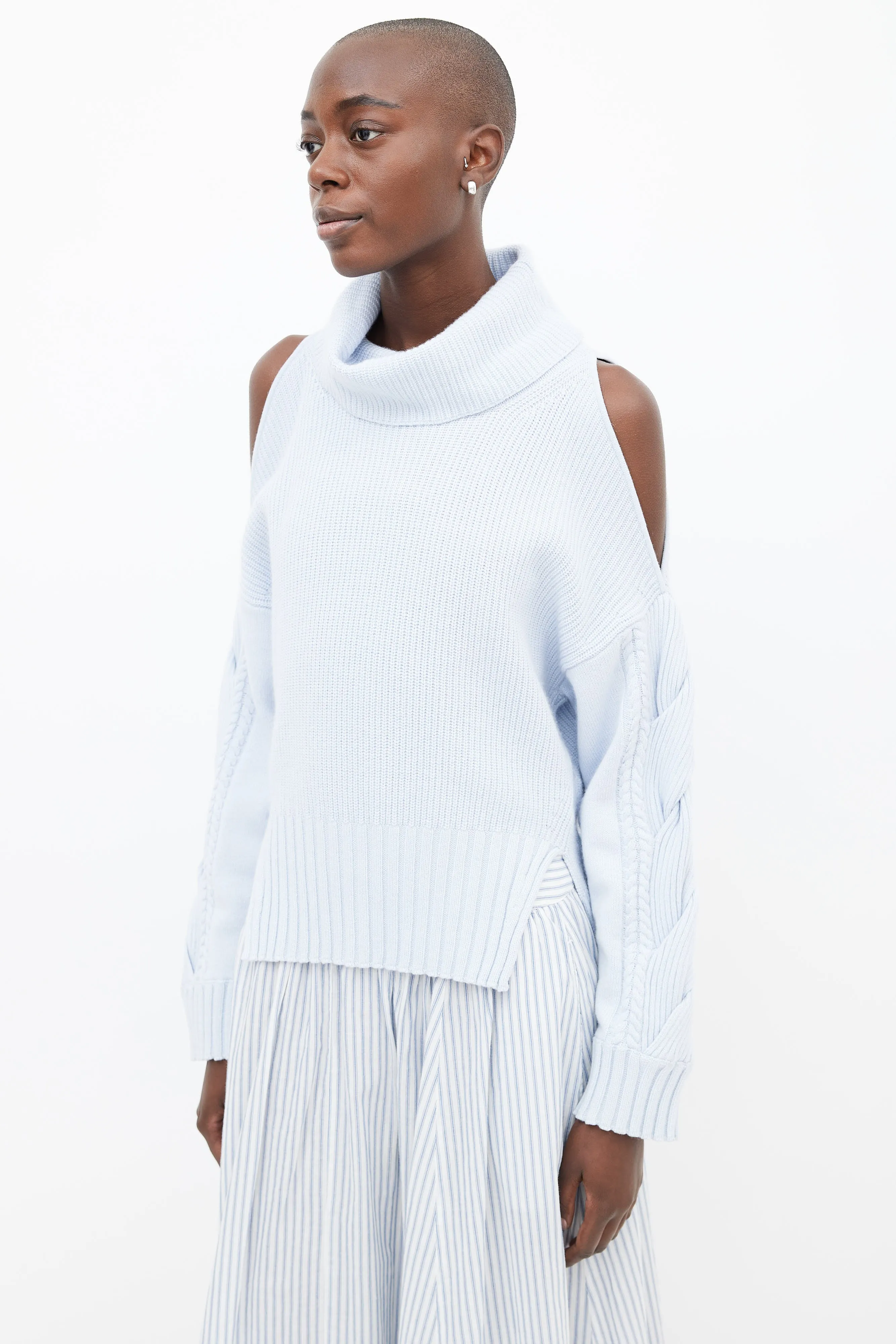 Blue Wool Knit Cut-Out Turtleneck Sweater