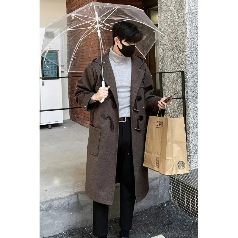 Bonsir Autumn Winter Men's Hooded Coat men Long  trench Coat with Lining Wool Blends Streetwear Knee Coats Casual Men's Outerwear Cloth