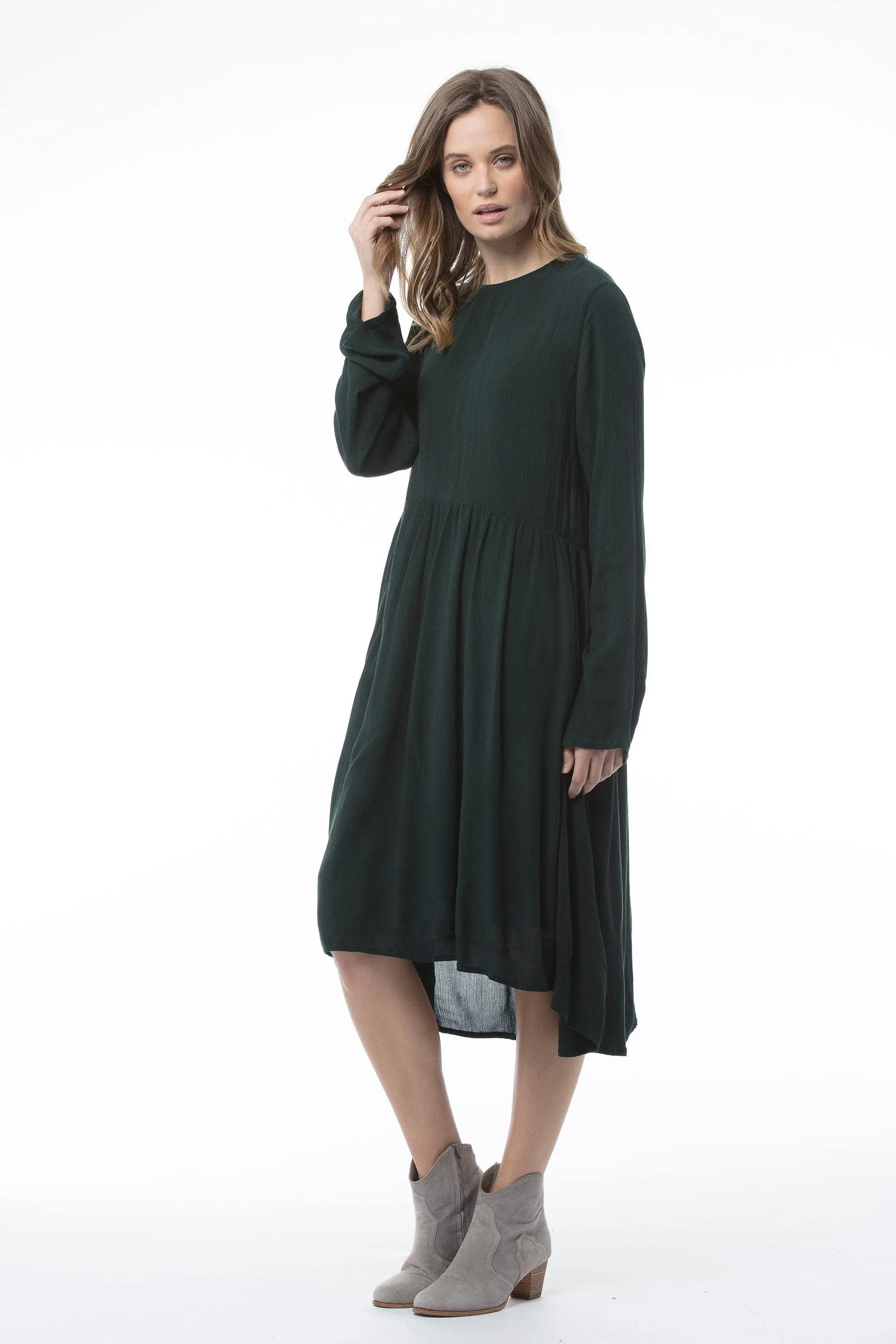 Bottle Green Long Sleeved Round Neck Dress - Penny Dress