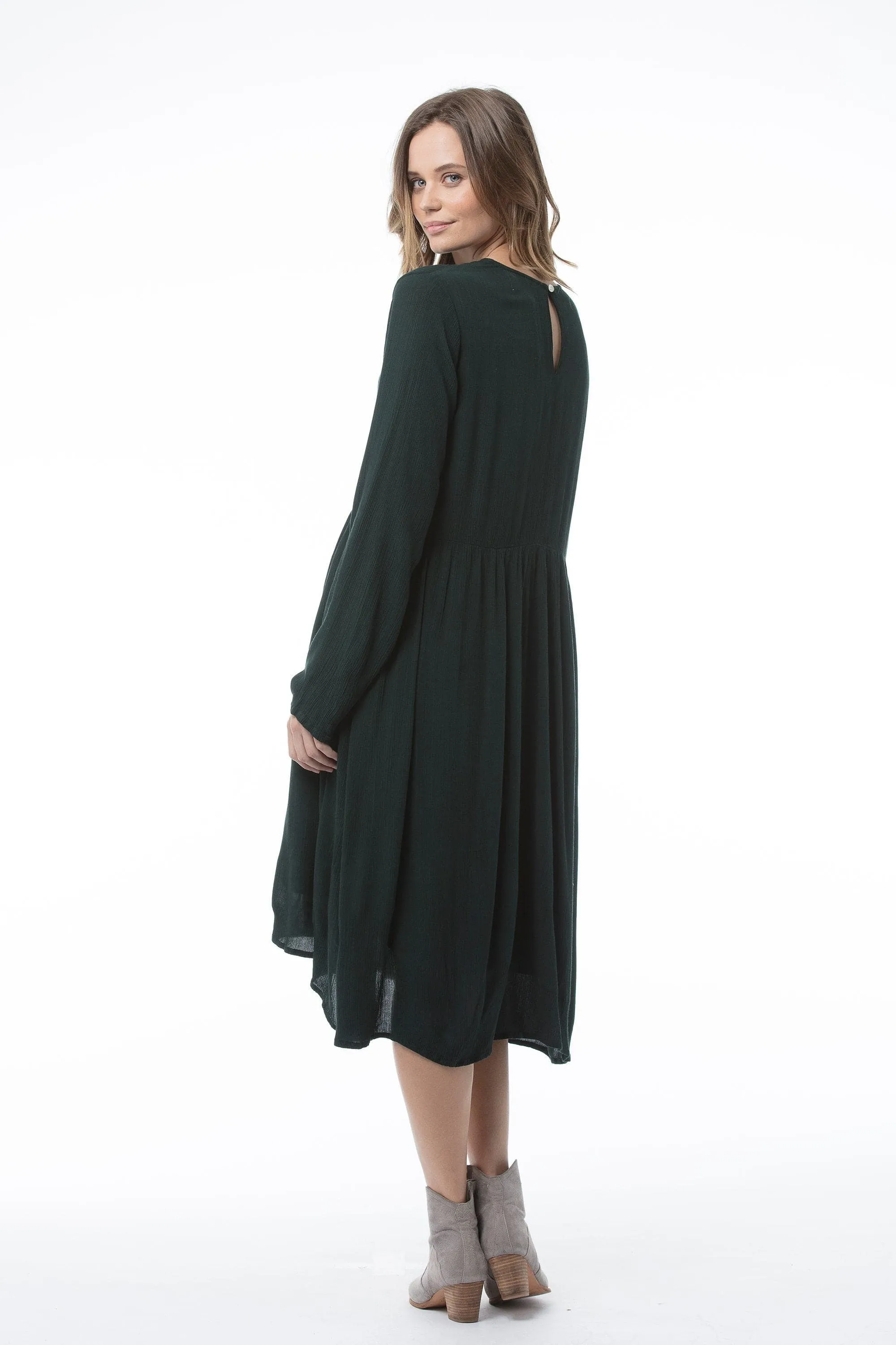 Bottle Green Long Sleeved Round Neck Dress - Penny Dress