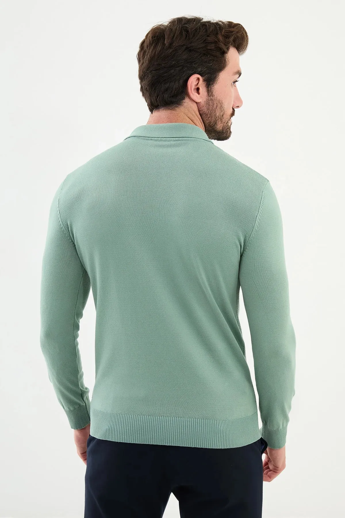 Brabion Marco Patterned Slim Fit Polo Neck Light Green Knitwear Sweater