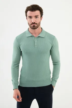 Brabion Marco Patterned Slim Fit Polo Neck Light Green Knitwear Sweater