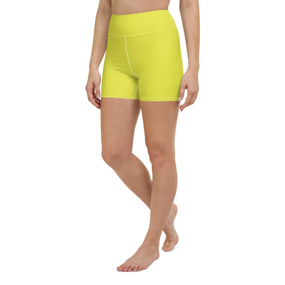 Bright Yellow Women's Yoga Shorts, Solid Color Best Ladies Short Tights-Made in USA/EU