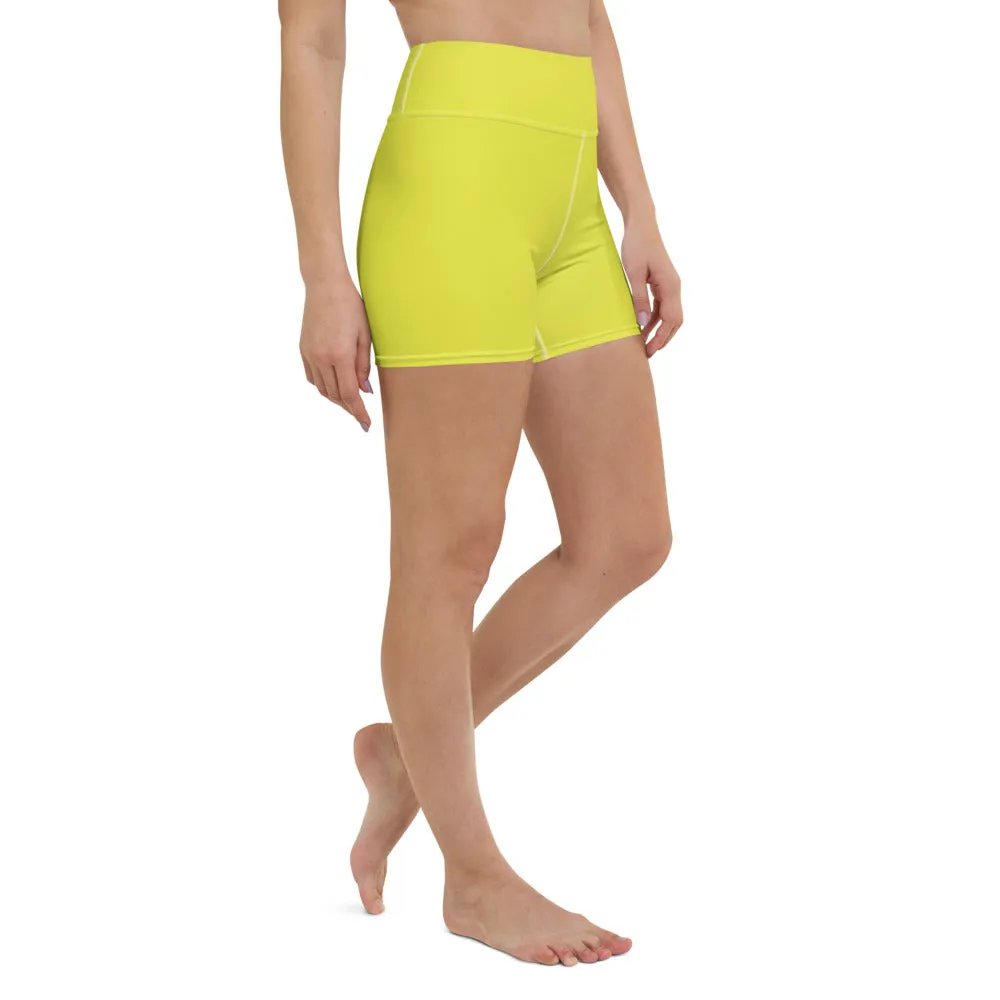 Bright Yellow Women's Yoga Shorts, Solid Color Best Ladies Short Tights-Made in USA/EU