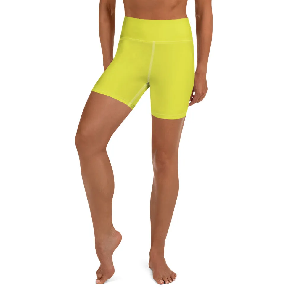 Bright Yellow Women's Yoga Shorts, Solid Color Best Ladies Short Tights-Made in USA/EU