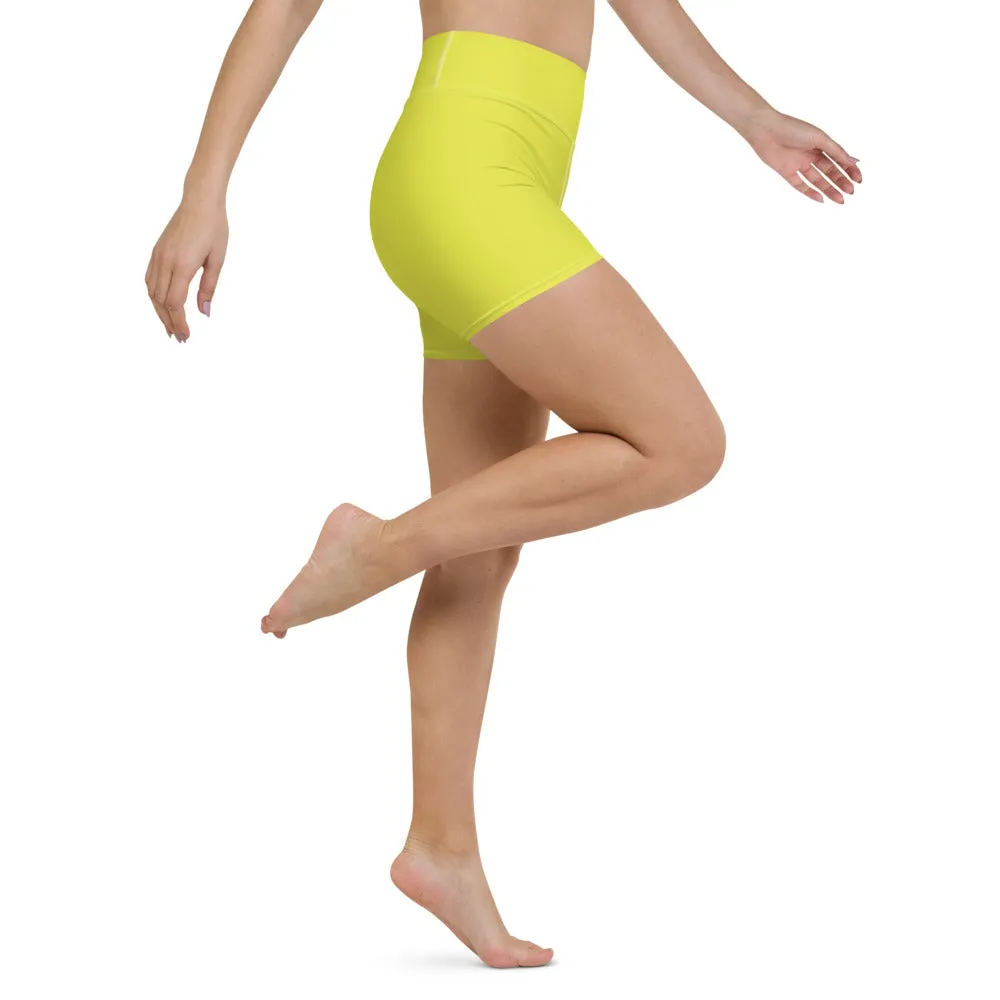 Bright Yellow Women's Yoga Shorts, Solid Color Best Ladies Short Tights-Made in USA/EU