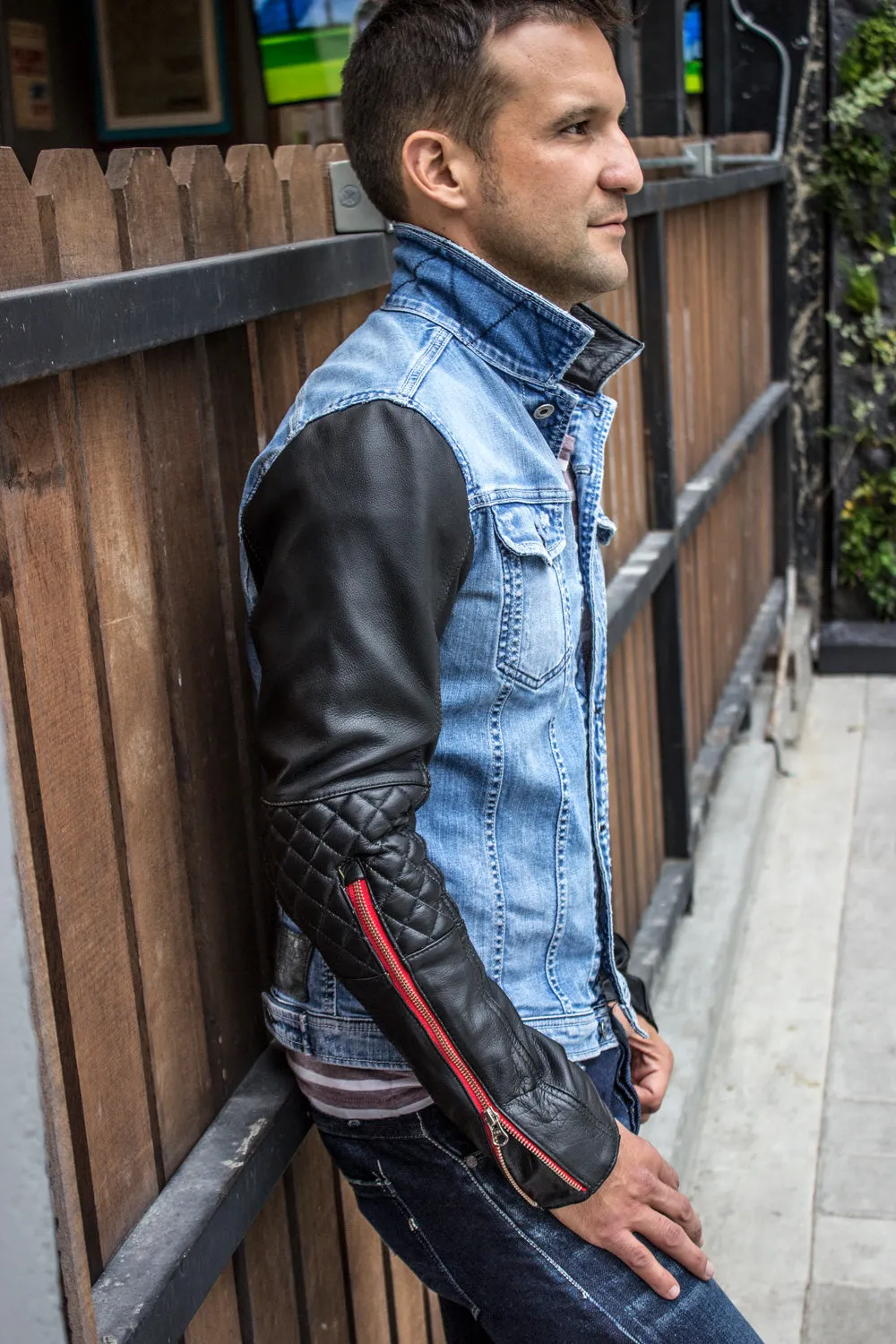 BROOKLYN RD Jean & Leather Jacket light Blue Denim & Black Quilted Leather Sleeves