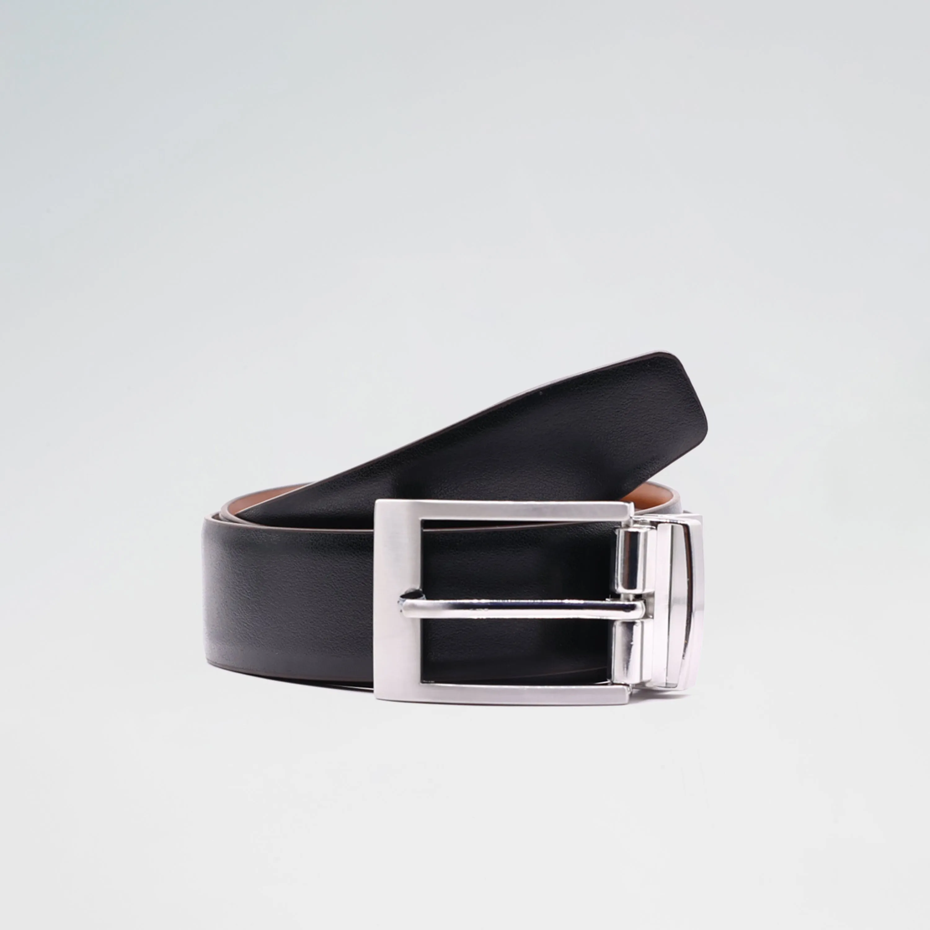 Brown and Black Reversible Leather Belt with Nickel Buckle