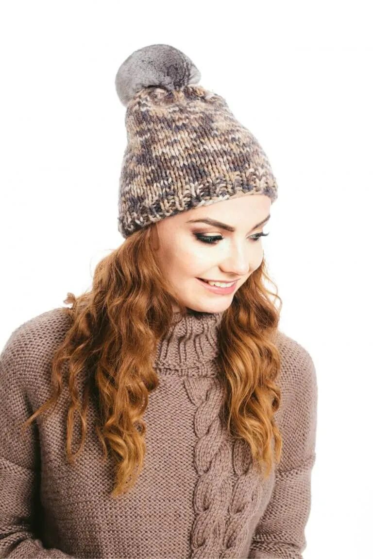 Brown Melange Chinchilla Pom Pom Beanie