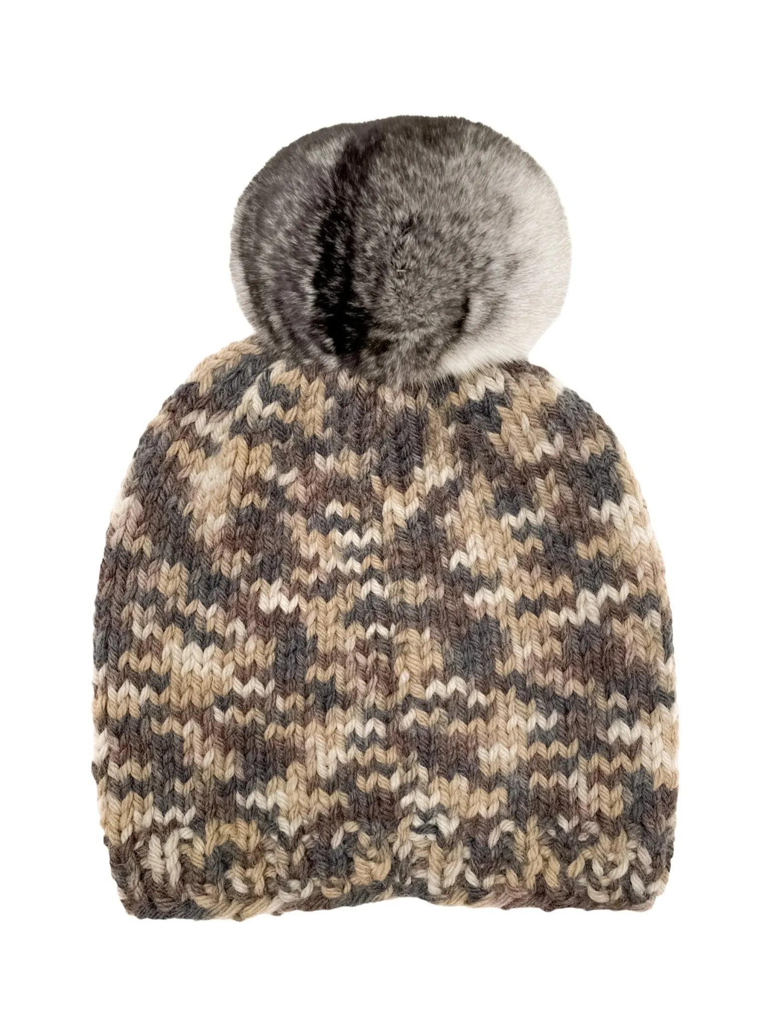 Brown Melange Chinchilla Pom Pom Beanie