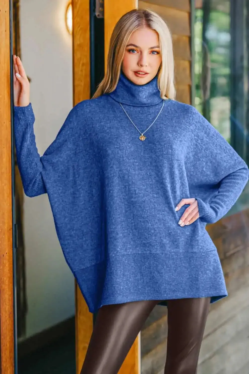 Brushed Melange Hacci Blue Turtleneck Sweater