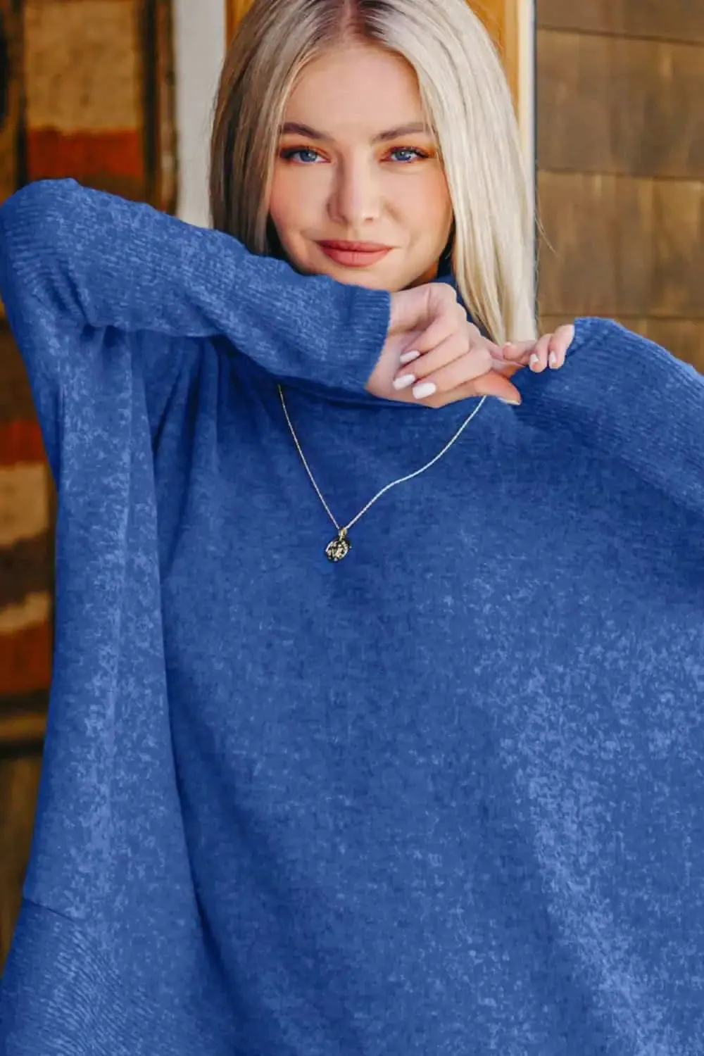 Brushed Melange Hacci Blue Turtleneck Sweater