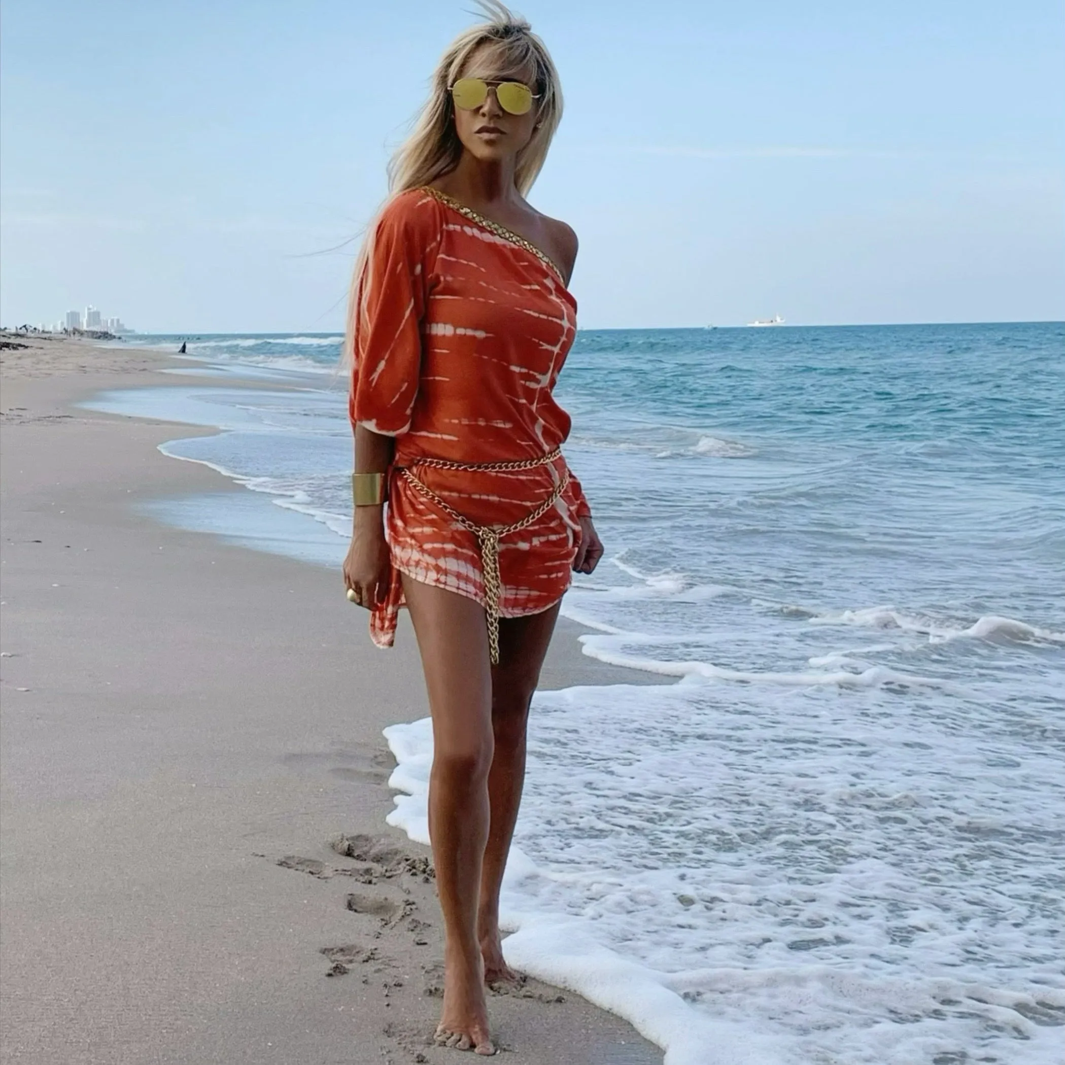 Burnt Orange One Shoulder Apres-Beach Cover-up Dress- The Mykonos