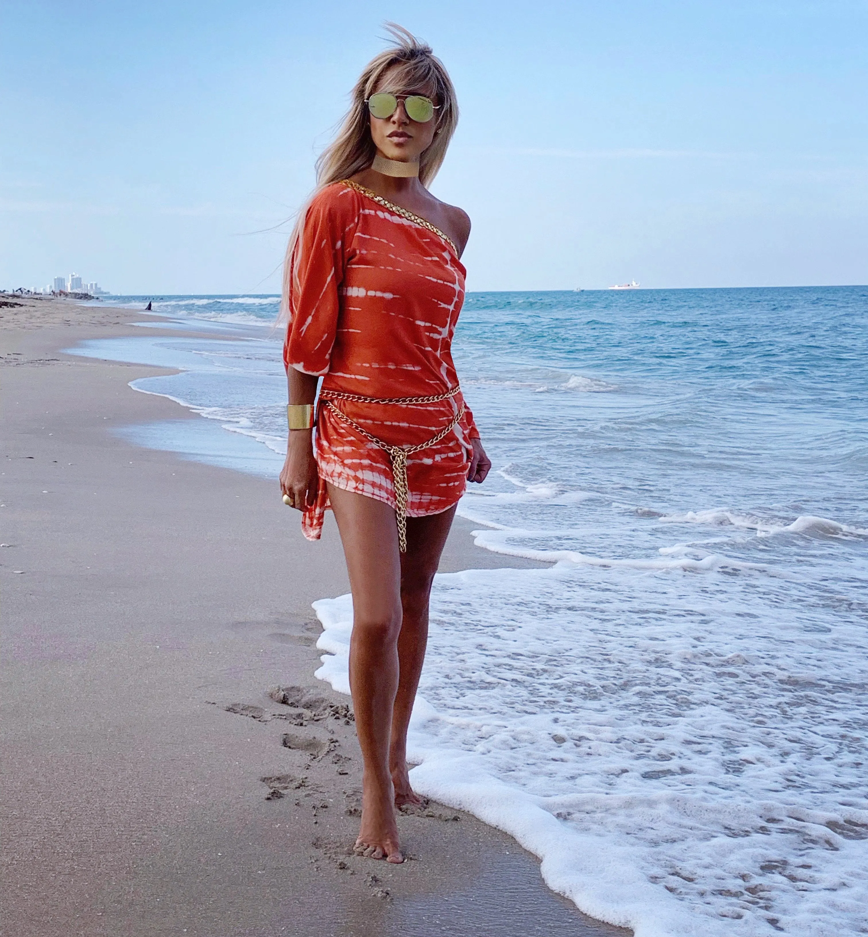 Burnt Orange One Shoulder Apres-Beach Cover-up Dress- The Mykonos