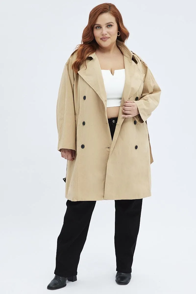 Camel Trench Coat Lined With Belt Mid Length