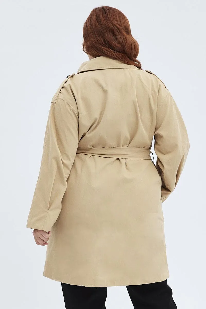 Camel Trench Coat Lined With Belt Mid Length