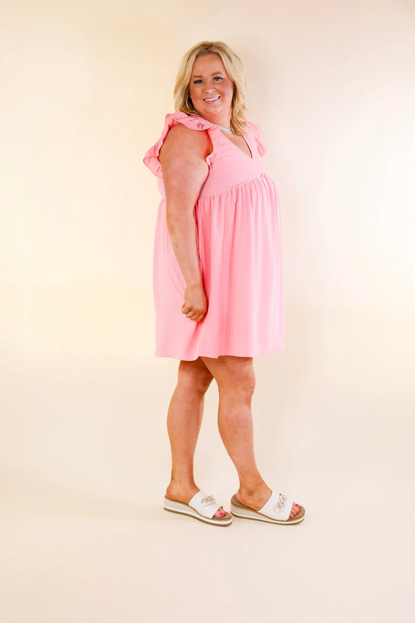 Capture Your Attention V Neck Dress with Ruffle Cap Sleeves in Bubblegum Pink