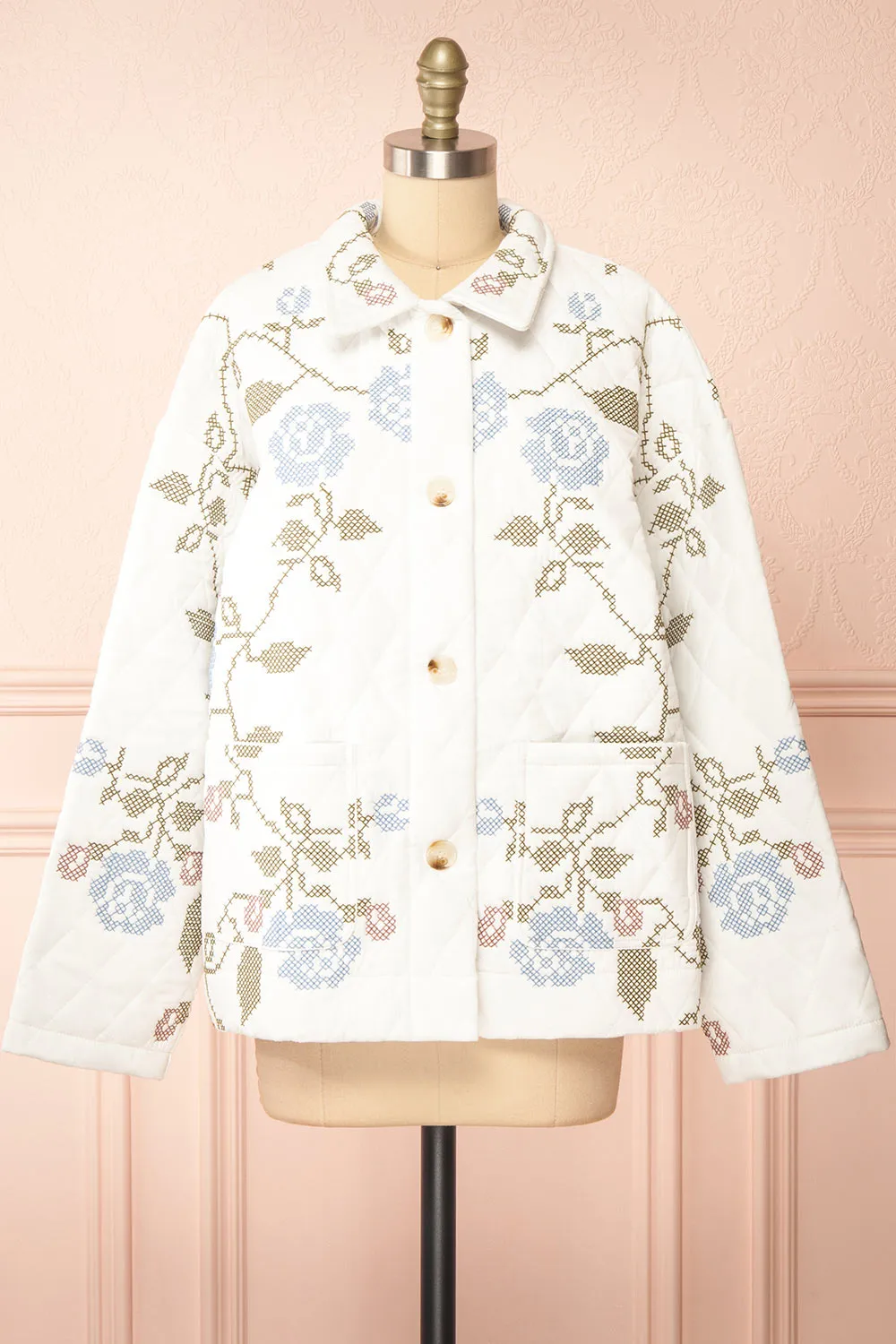 Carolyne | White Quilted Jacket w/ Floral Embroidery