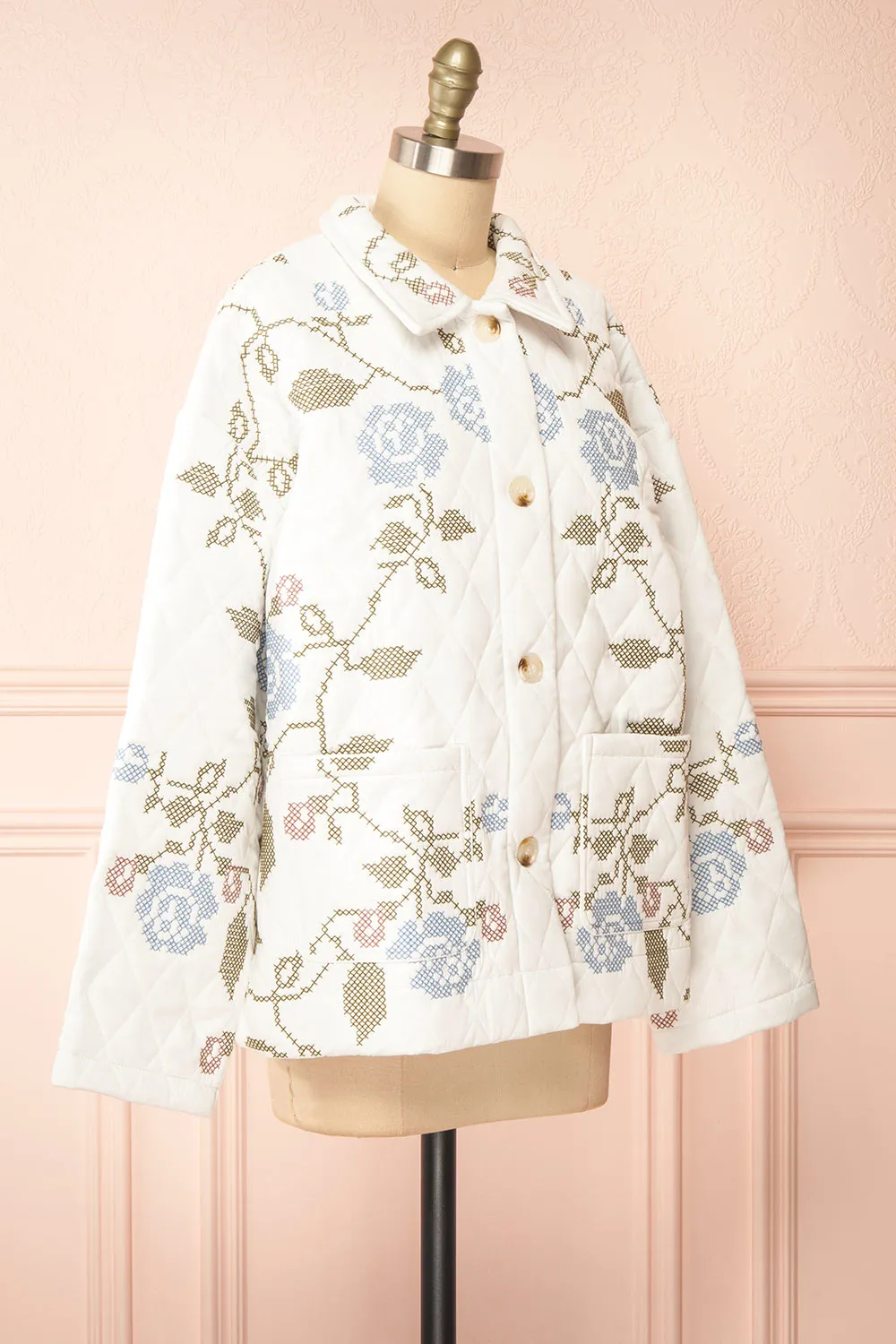 Carolyne | White Quilted Jacket w/ Floral Embroidery