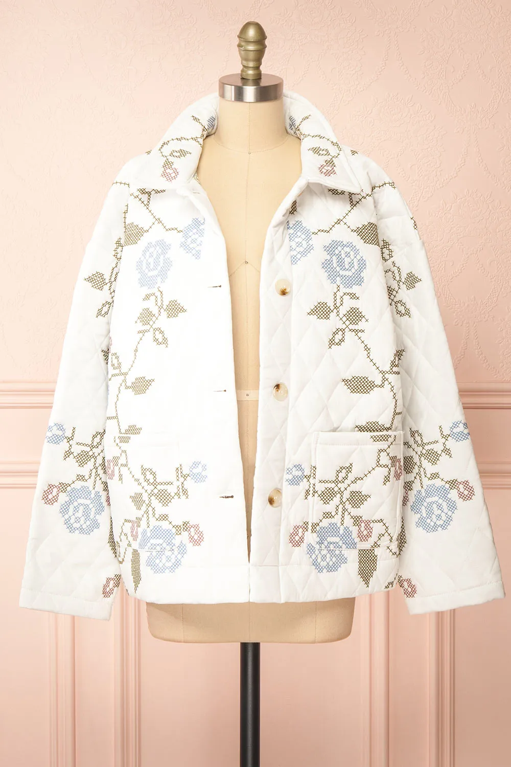 Carolyne | White Quilted Jacket w/ Floral Embroidery