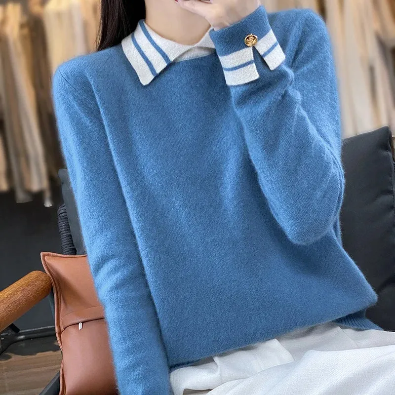 Cashmere Sweater Women's 100% Wool Sweater Autumn and Winter New Loose Polo Pullover High end Knitted Soft Color Matching Top