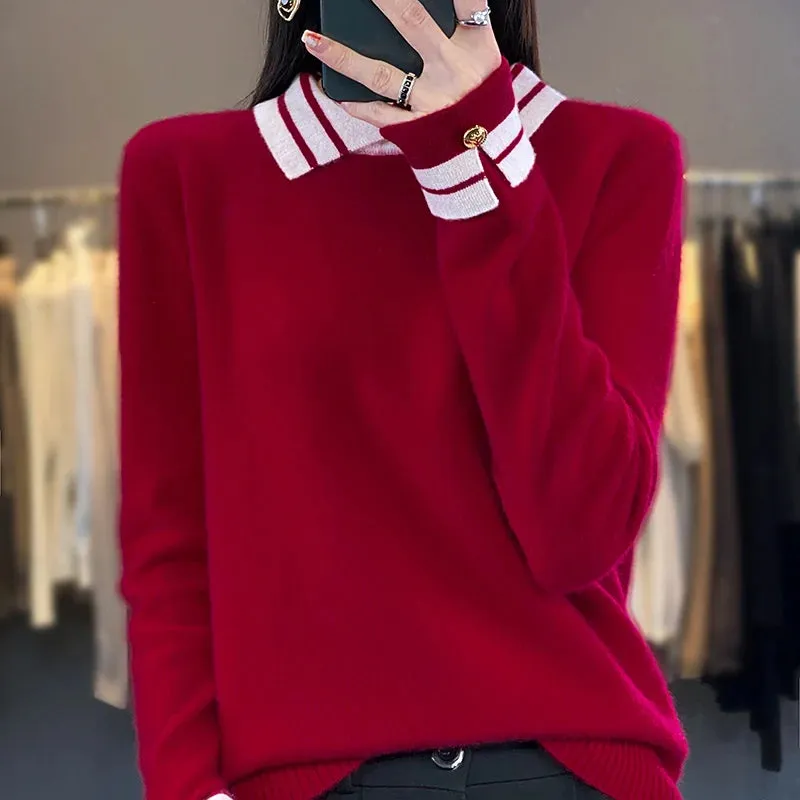 Cashmere Sweater Women's 100% Wool Sweater Autumn and Winter New Loose Polo Pullover High end Knitted Soft Color Matching Top