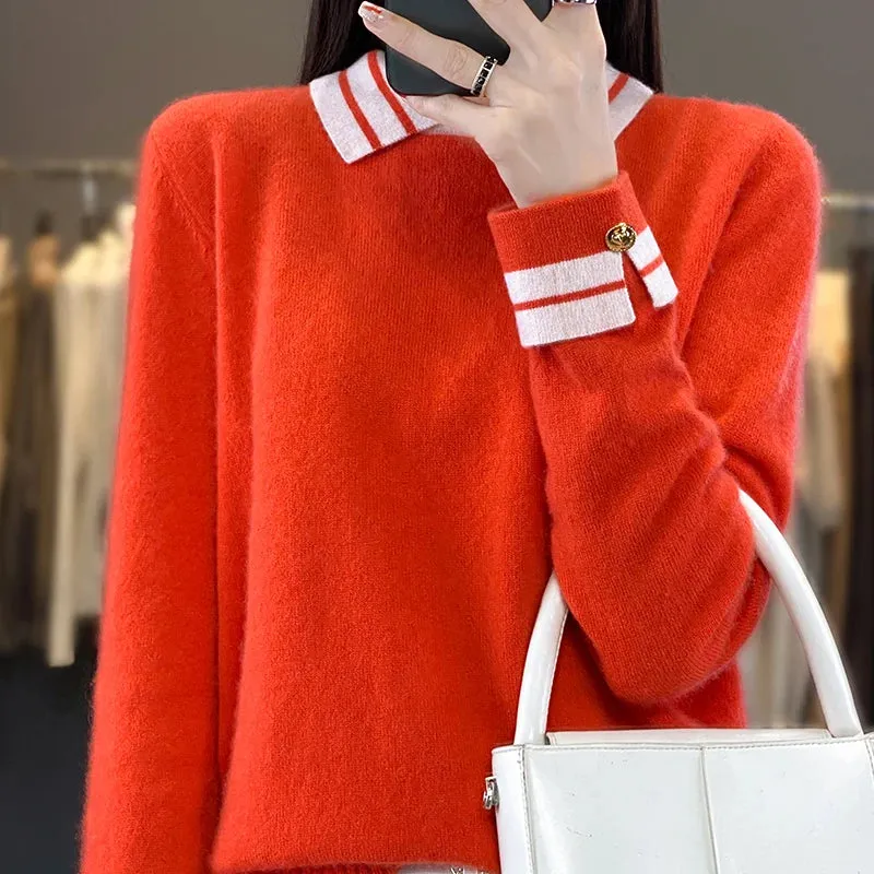 Cashmere Sweater Women's 100% Wool Sweater Autumn and Winter New Loose Polo Pullover High end Knitted Soft Color Matching Top