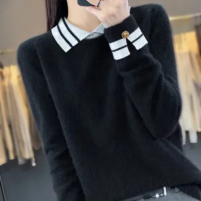 Cashmere Sweater Women's 100% Wool Sweater Autumn and Winter New Loose Polo Pullover High end Knitted Soft Color Matching Top