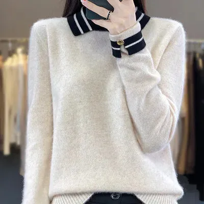 Cashmere Sweater Women's 100% Wool Sweater Autumn and Winter New Loose Polo Pullover High end Knitted Soft Color Matching Top