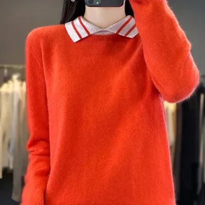 Cashmere Sweater Women's 100% Wool Sweater Autumn and Winter New Loose Polo Pullover High end Knitted Soft Color Matching Top