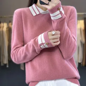 Cashmere Sweater Women's 100% Wool Sweater Autumn and Winter New Loose Polo Pullover High end Knitted Soft Color Matching Top