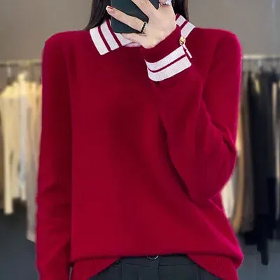 Cashmere Sweater Women's 100% Wool Sweater Autumn and Winter New Loose Polo Pullover High end Knitted Soft Color Matching Top