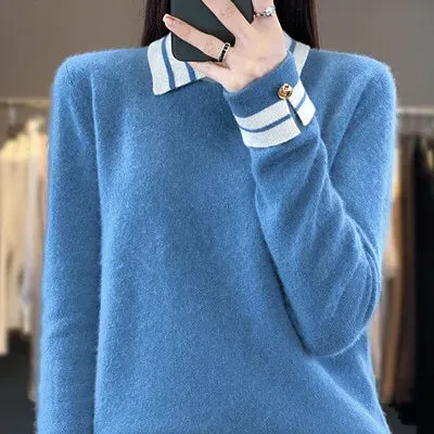 Cashmere Sweater Women's 100% Wool Sweater Autumn and Winter New Loose Polo Pullover High end Knitted Soft Color Matching Top