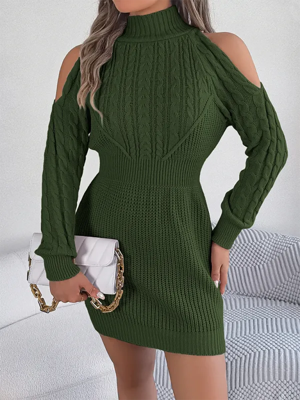 Casual Off-the-shoulder Turtleneck Braided Lantern Sleeve Hip Sweater Dress