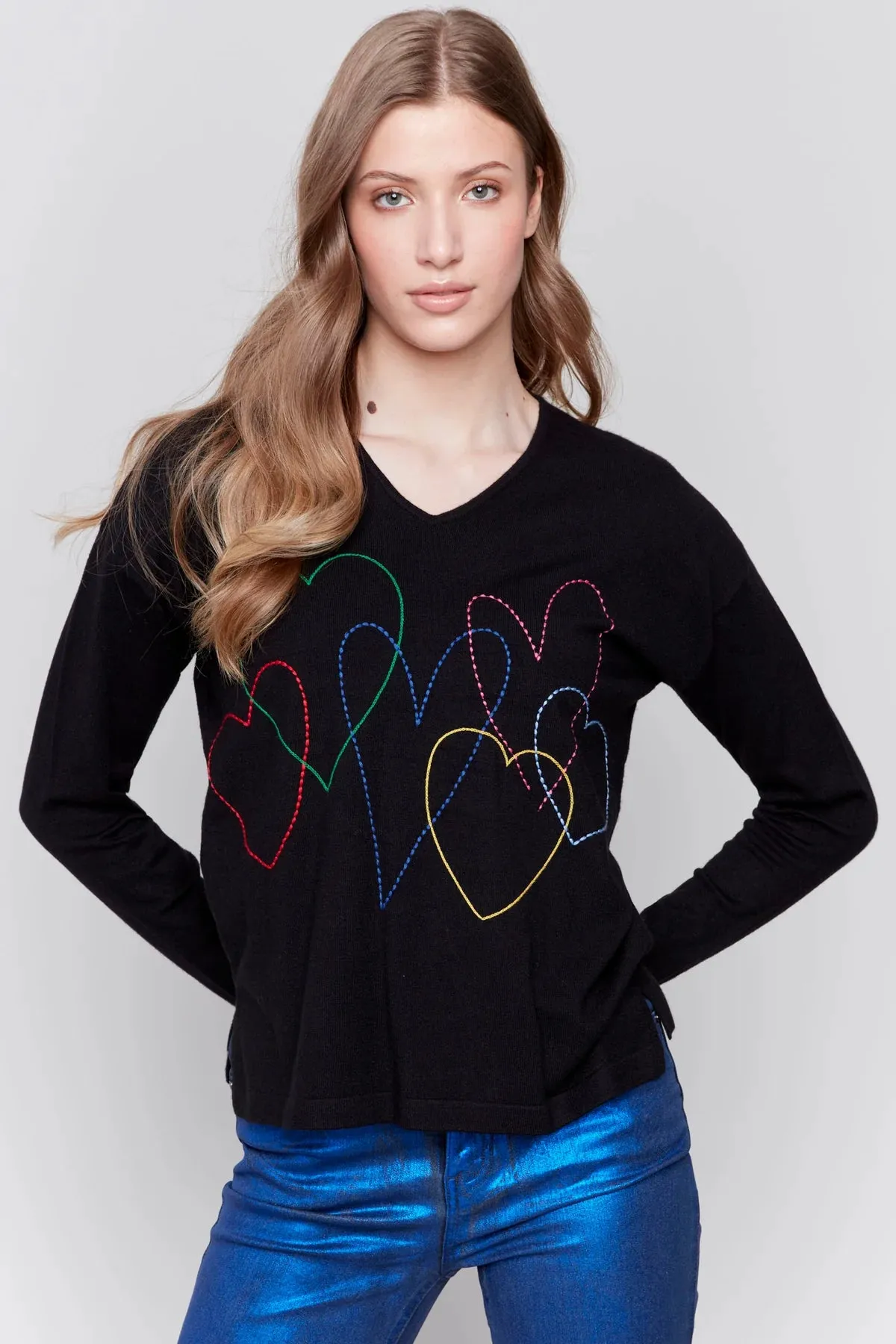 Charlie B Heart Embroidered V-Neck Sweater - C2679-464A