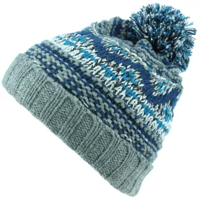 Children's Chunky Knit Fairisle Bobble Beanie Hat with Fleece Lining - Grey