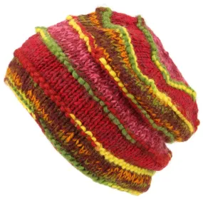 Chunky Ribbed Wool Knit Beanie Hat with Space Dye Design - Red