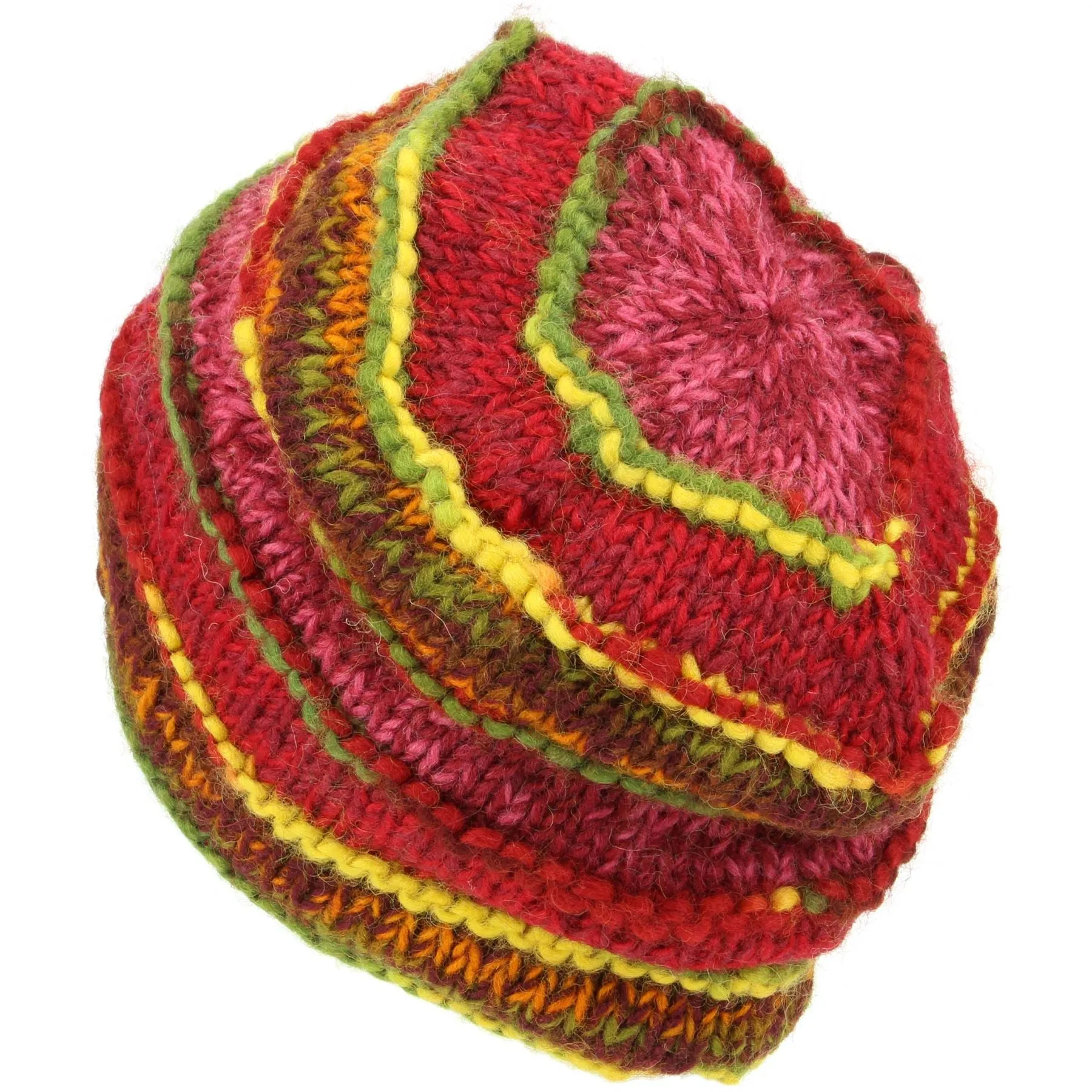 Chunky Ribbed Wool Knit Beanie Hat with Space Dye Design - Red