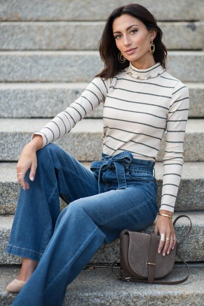 Clover Striped Turtle Neck Top in Taupe - FINAL SALE