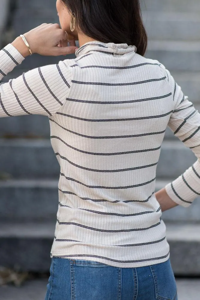 Clover Striped Turtle Neck Top in Taupe - FINAL SALE