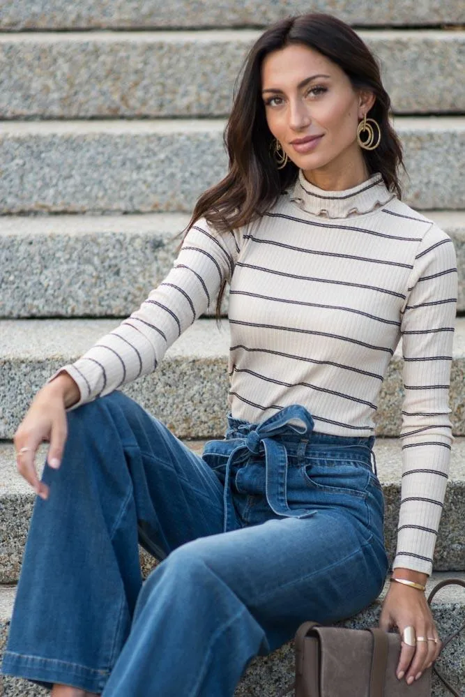 Clover Striped Turtle Neck Top in Taupe - FINAL SALE