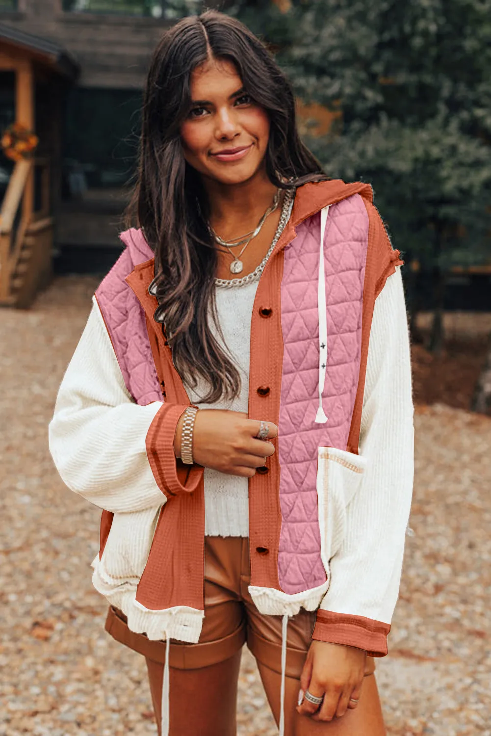 Coral Quilted Textured Patchwork Loose Fit Hooded Jacket