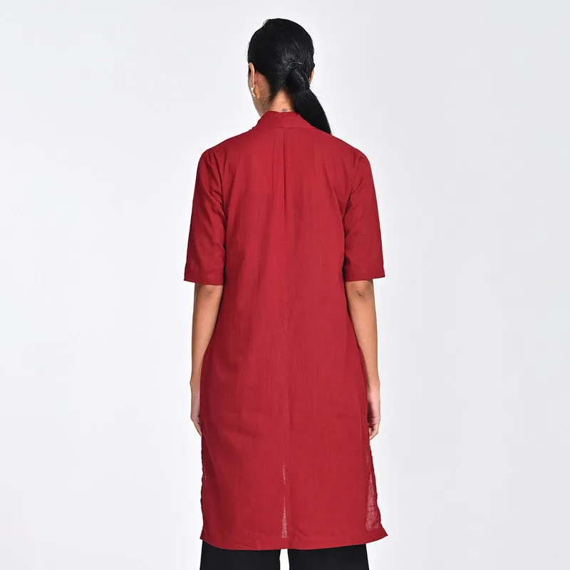 Cotton Shirt For Women | Draped Collar | Three-Quarter Sleeves | Red