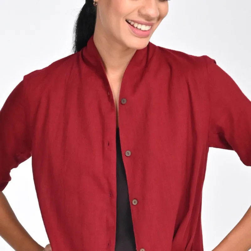 Cotton Shirt For Women | Draped Collar | Three-Quarter Sleeves | Red