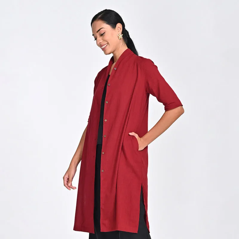 Cotton Shirt For Women | Draped Collar | Three-Quarter Sleeves | Red