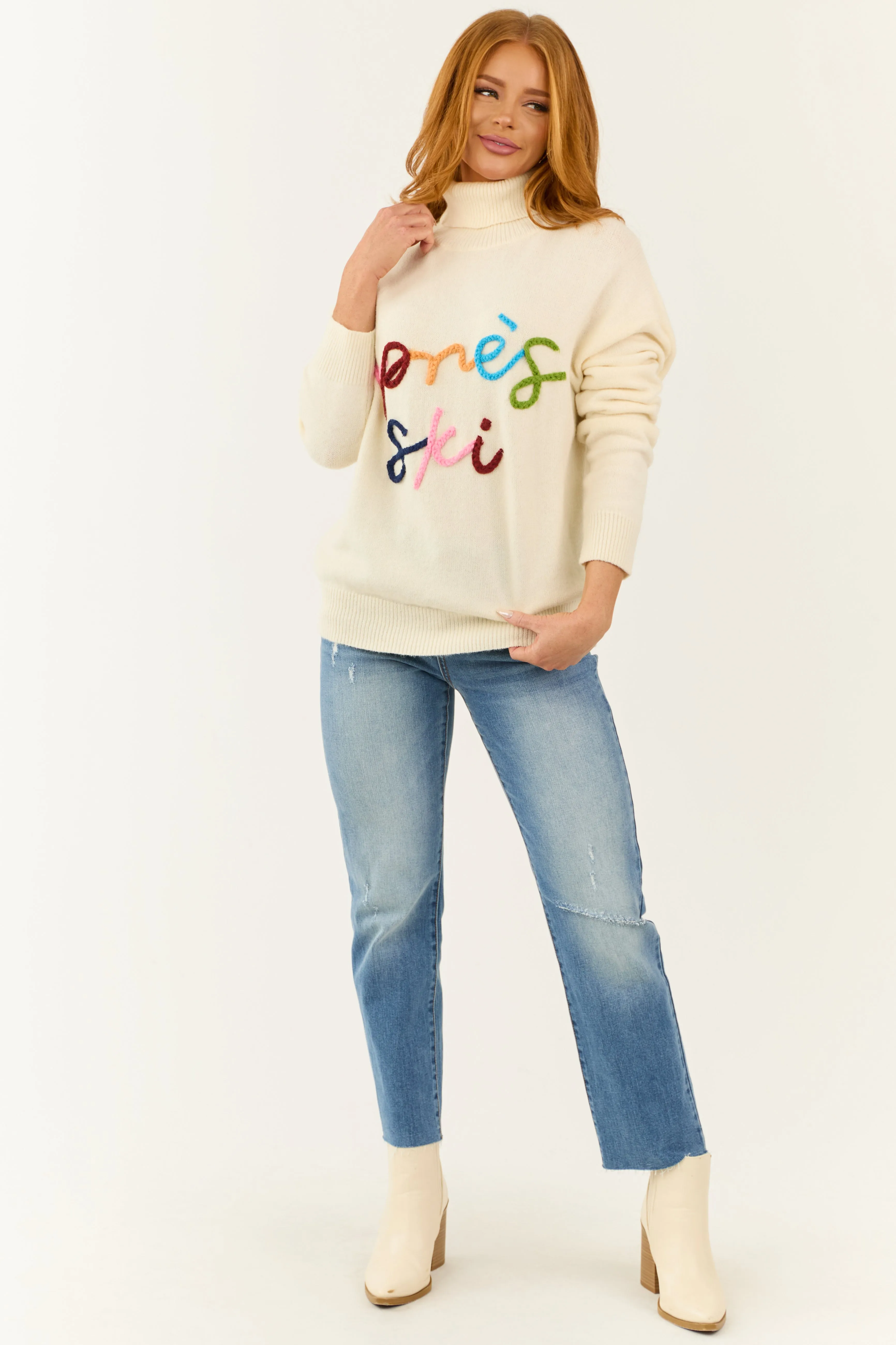 Cream 'Apres Ski' Yarn Graphic Turtleneck Sweater