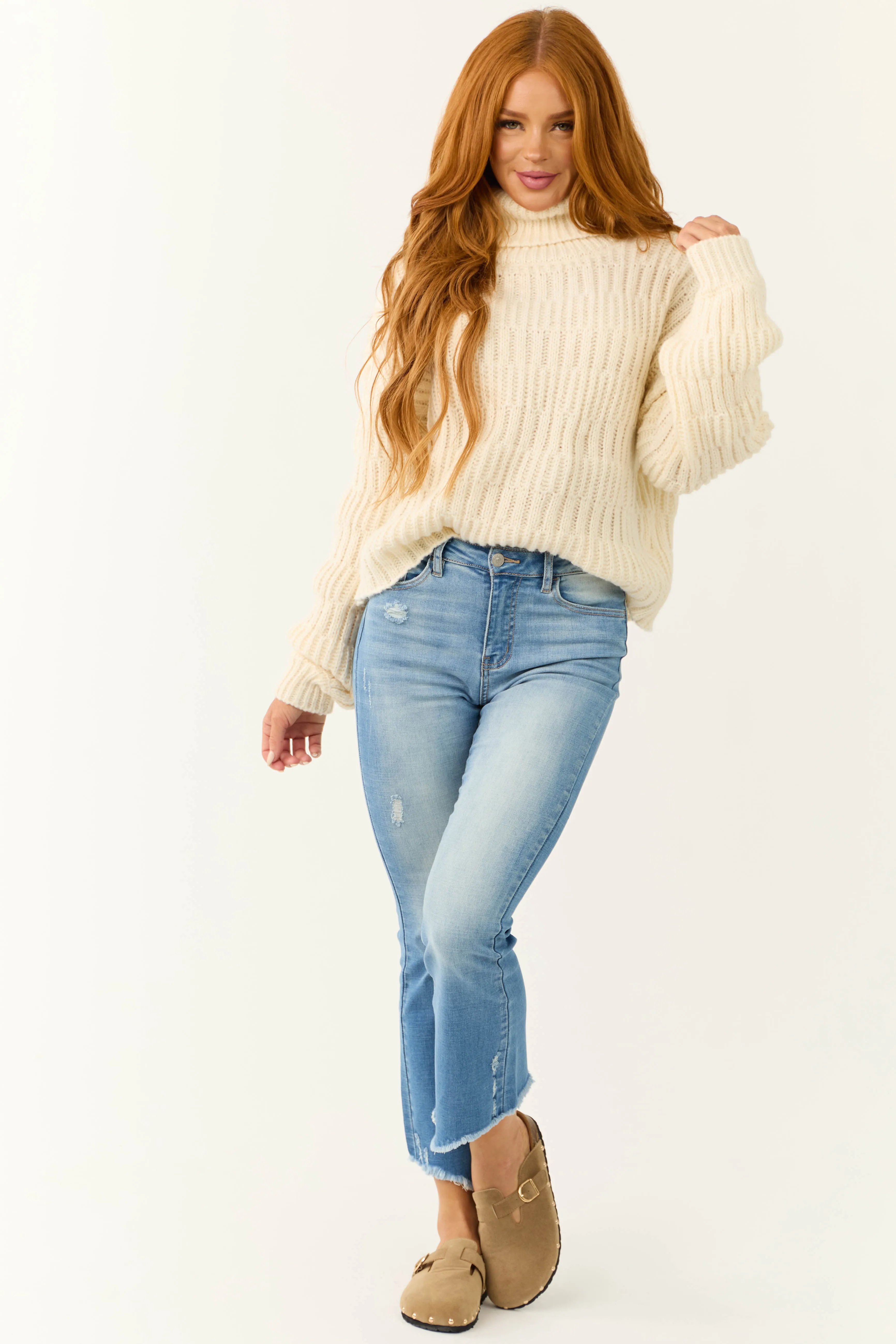 Cream Soft Knit Textured Turtleneck Sweater