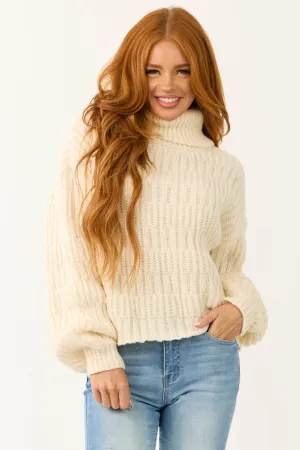 Cream Soft Knit Textured Turtleneck Sweater