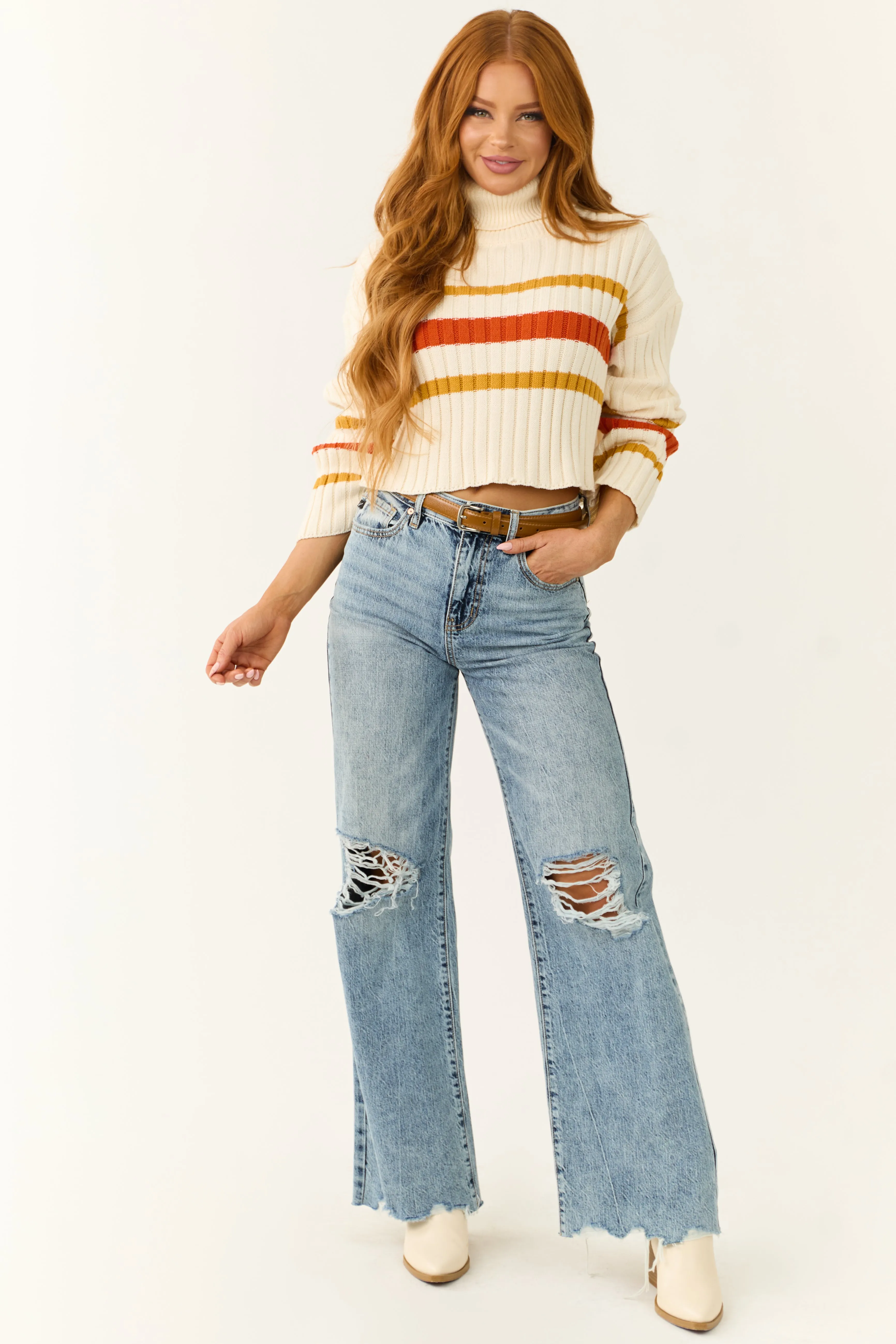 Cream Striped Turtleneck Cropped Sweater